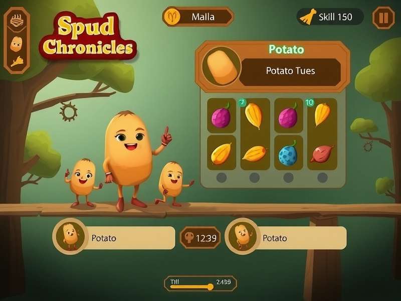 Spud Chronicles character progression screen showing skill trees and potato varieties